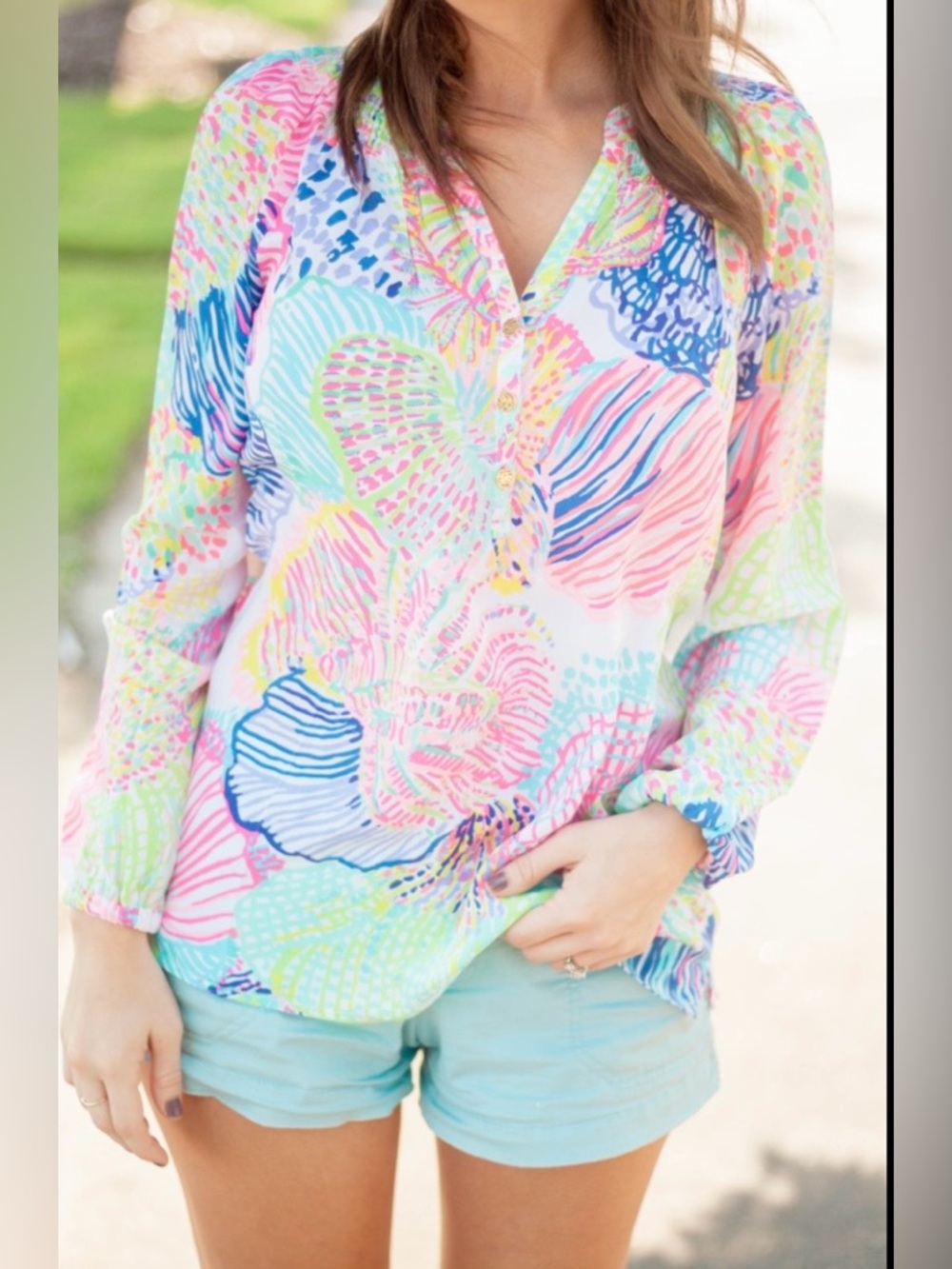 Lilly Pulitzer Elsa Long-Sleeve Silk Blouse with Gold | Size XS